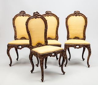 Set of Four Italian Rococo Style Painted and Parcel-Gilt Side Chairs