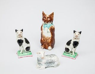 Pair of Modern Staffordshire Pottery Figures of Spotted Cats Seated on Pillows, a Majolica Cat-Form Pitcher with Spouted Mout