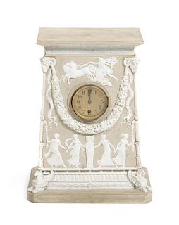 A Bisque Porcelain Mantel Clock, Height 15 x width 11 1/2 x depth 6 3/4 inches at base.