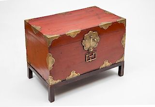Japanese Metal-Mounted Red Lacquer Trunk on Stand