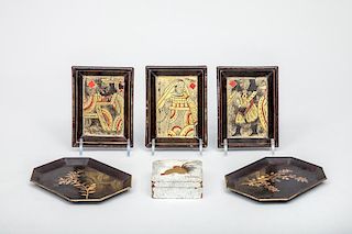 Japanese Ivory-Ground Lacquer Box and Cover, Two Japanese Oblong Octagonal Trays and Three Playing Card Trays