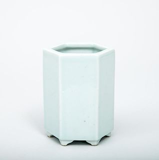 Modern Chinese Pale Green Celadon Glazed Porcelain Hexagonal Brush Pot