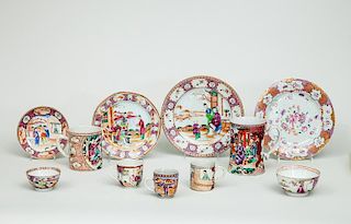 Chinese Export Porcelain Flared Mug in the Mandarin Palette, Four other Mugs, Two Graduated Bowls and Four Plates