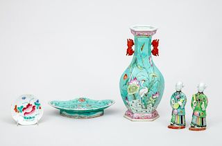 Pair of Modern Chinese Porcelain Figures of Miniatures, a Turquoise-Ground Hexagonal Vase, an Oblong Footed Dish and an Octag