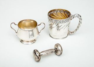Gorham Aesthetic Movement Mug, an American Silver Sugar Bowl and a Silver Barbell-Form Rattle