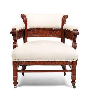 A Victorian Style Carved Armchair, Height 29 x width 27 x depth 28 inches.