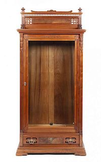 A Victorian Eastlake Style Burl Walnut Veneered Cabinet, Height 74 1/2 width 34 1/2 x depth 15 inches.