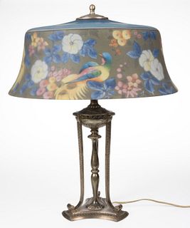 PAIRPOINT BIRDS OF PARADISE REVERSE-PAINTED ART GLASS ELECTRIC TABLE LAMP