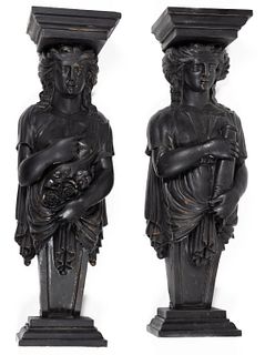 PAIR OF CARVED AND PANTED WOODEN ARCHITECTURAL FIGURES / CARYATIDS