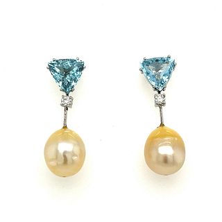Platinum Aqua Diamond Drop Pearl Earrings