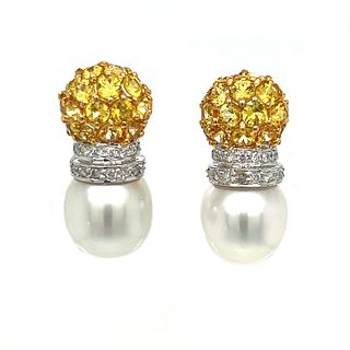 18k Pearl Yellow Sapphire Diamond Earrings