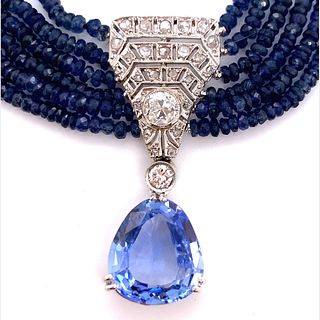 Platinum Art Deco Briolette Sapphire and Diamond Necklace