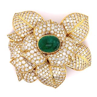 18k Diamond and Emerald Flower Brooch