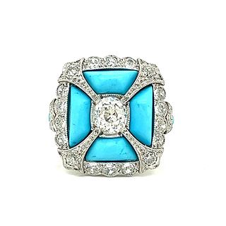 Art Deco Platinum Turquoise Diamond Ring