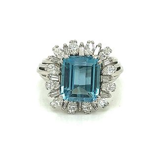 Art Deco Platinum Diamond Aquamarine Ring