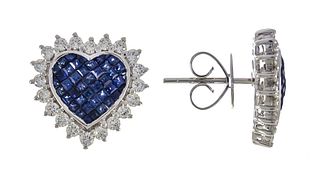 18k Sapphire Diamond Heart Stud Earrings