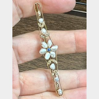 Antique 14K Natural Pearl & Montana Sapphire Pin