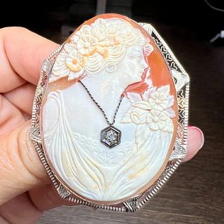 14K White Gold Cameo Brooch