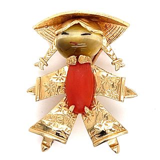 14K Yellow Gold Chrysophrase & Coral Brooch
