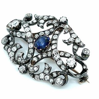 Victorian 18K & Silver Top Sapphire and Diamond Brooch