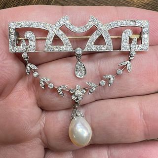 Art Deco Platinum Natural Pearl and Diamond Brooch