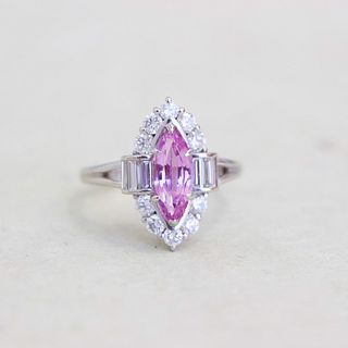 Pink Sapphire Marquise & Diamond Surround Ring, Platinum
