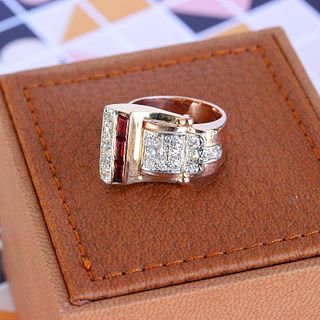 Retro Ruby & Diamond Two-Tone Buckle Ring, 14k