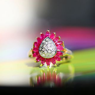 Pearshape Diamond Cluster & Ruby Surround Cocktail Ring