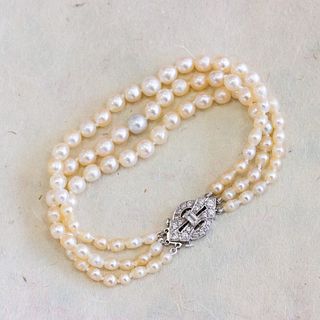 Art Deco Natural Pearl Triple Strand Bracelet with Diamond Clasp, PlatinumÂ 
