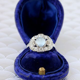 Art Deco Moonstone & Diamond Paneltop Ring, Palladium