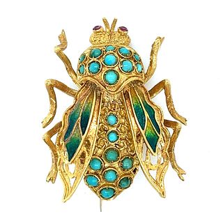 18K Yellow Gold Turquoise Fly Brooch