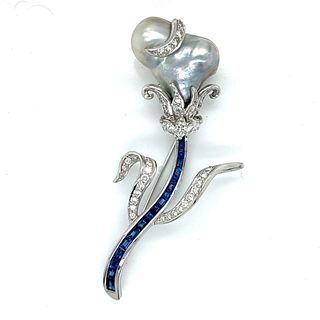 14K White Gold Pearl, Diamond, and Sapphire Flower Brooch