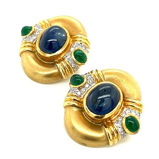 18K Yellow Gold Diamond, Emerald, and Sapphire Earrings