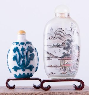 Chinese Snuff Bottles Porcelain & Glass Pair