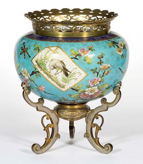 FRENCH PORCELAIN JARDINIERE WITH GILT- AND SILVER-BRONZED TRI-FOOTED STAND