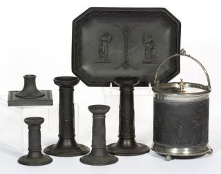 WEDGWOOD BLACK BASALT DRY-BODIED STONEWARE ARTICLES, LOT OF SEVEN