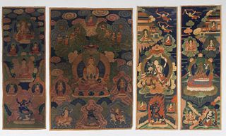 TIBETAN BUDDHIST THANGKA PAINTINGS, LOT OF FOUR