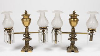 BRASS AND CAST-METAL WHALE OIL / FLUID PAIR OF DOUBLE-ARMED ARGAND LAMPS
