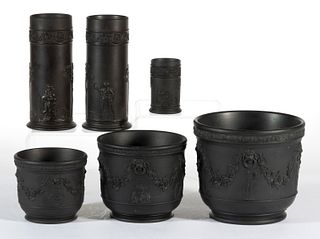 WEDGWOOD BLACK BASALT DRY-BODIED STONEWARE ARTICLES, LOT OF SIX