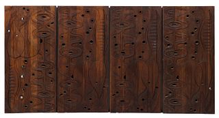 MID-CENTURY CARVED TEAKWOOD WALL PANELS, LOT OF FOUR