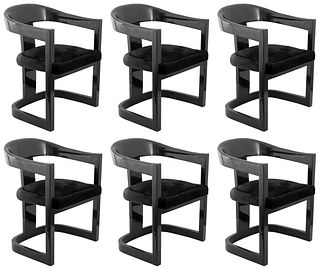 Karl Springer (German/American, 1931-1991) set of six Postmodern 'Onassis' style armchairs or dining chairs with black lacquered frames and pony hair