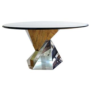 Lorin Marsh Modern dining table with chromed metal abstract geometric base, the round glass top with rare angled edge cut border. 31" H x 60" Diameter