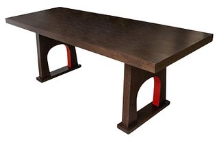 Christian Liaigre (French, 1943-2020) for Holly Hunt "Cipangu" dining table in ebony wood, two arched legs with red lacquer beneath, silver-tone metal
