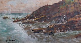 Marcel Amiguet, Rocky Coast at Sunset Watercolor