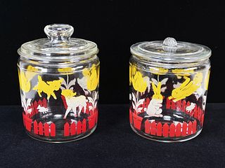 TWO GLASS LAMB & BUNNY LIDDED CANISTERS 