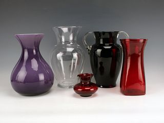 FIVE COLORFUL GLASS VASES
