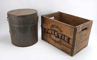 VINTAGE WOODEN CRATE & TIN 