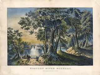 Western River Scenery - Original Medium Folio Currier & Ives Lithograph