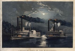 Midnight Race on the Mississippi - Original Large Folio Currier & Ives.