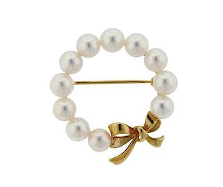 Mikimoto 18K Gold Pearl Circle Brooch Pin